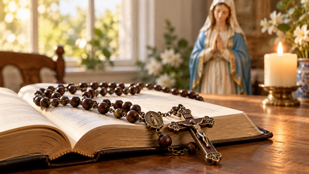 rosary on bible in candlelight