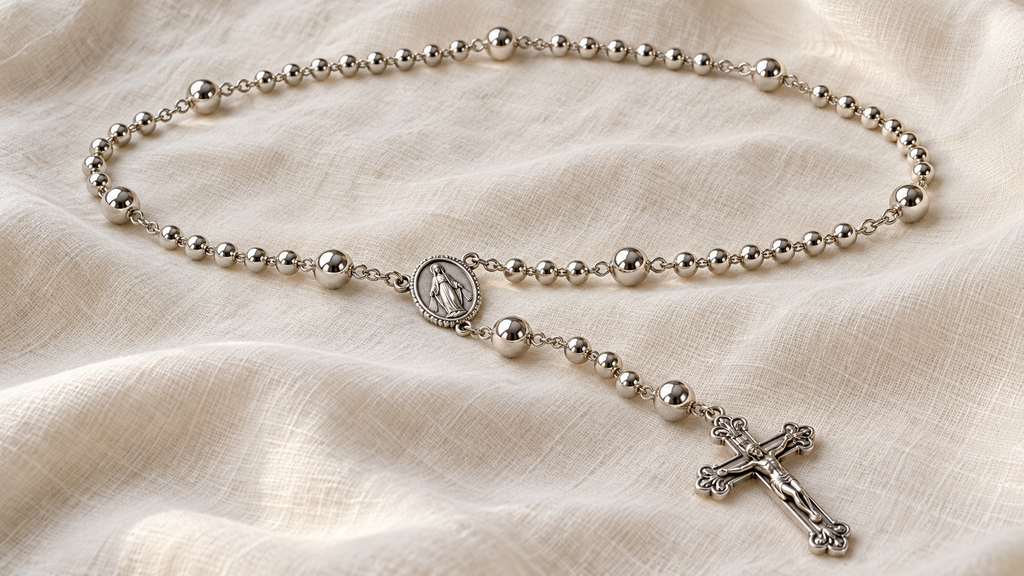 silver rosary and crucifix on ivory linen